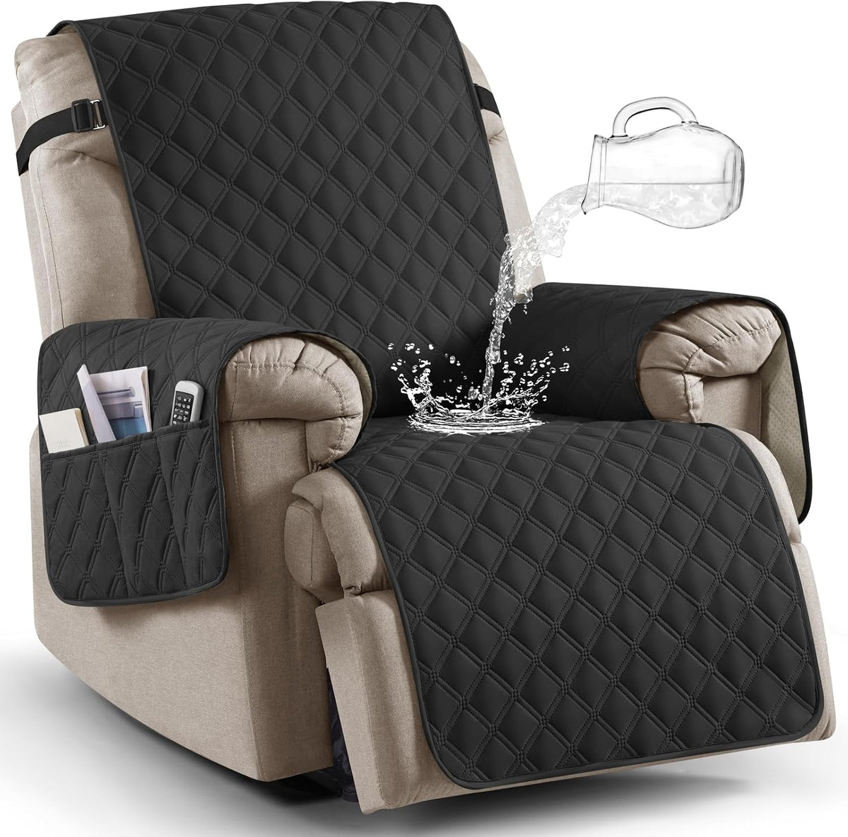 100% Waterproof Recliner Chair Covers, Non-Slip Reclining Covers for Recliner Chair Washable Chair Cover, Recliner Covers with Pockets for Kids, Dogs, Pets (Black, 28'')