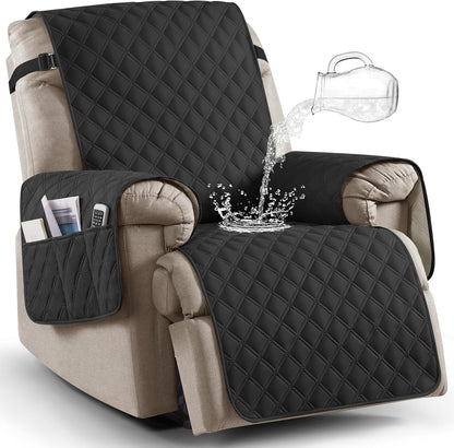 100% Waterproof Recliner Chair Covers, Non-Slip Reclining Covers for Recliner Chair Washable Chair Cover, Recliner Covers with Pockets for Kids, Dogs, Pets (Black, 28'')