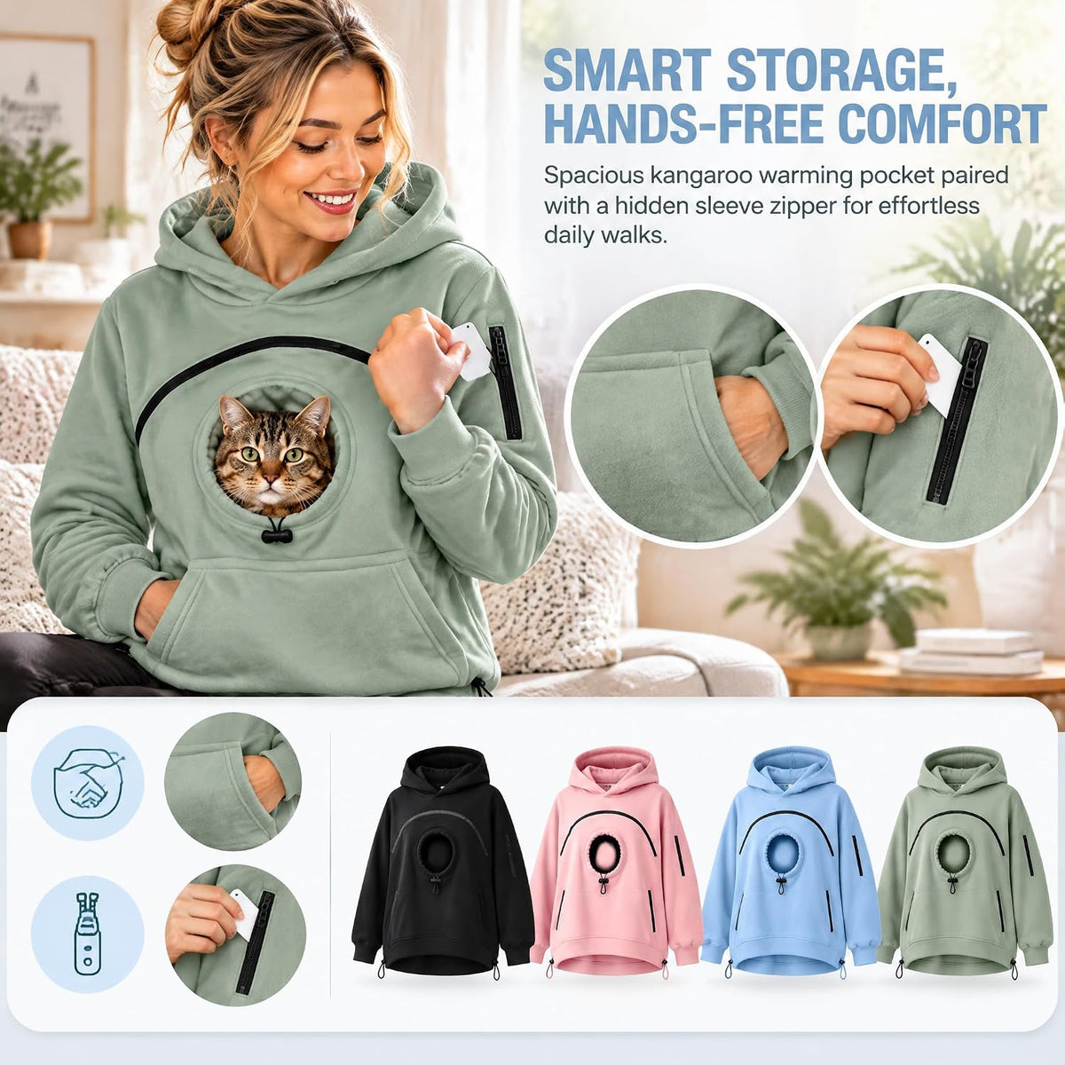 Pet Pouch Hoodie,Cat Hoodie with Pouch,Kangaroo Sweatshirt with Dog Pouch Side Zip Pocket Drop Shoulder Sweatshirt Big Size Front Dog & Cat Carrier Sweatshirts