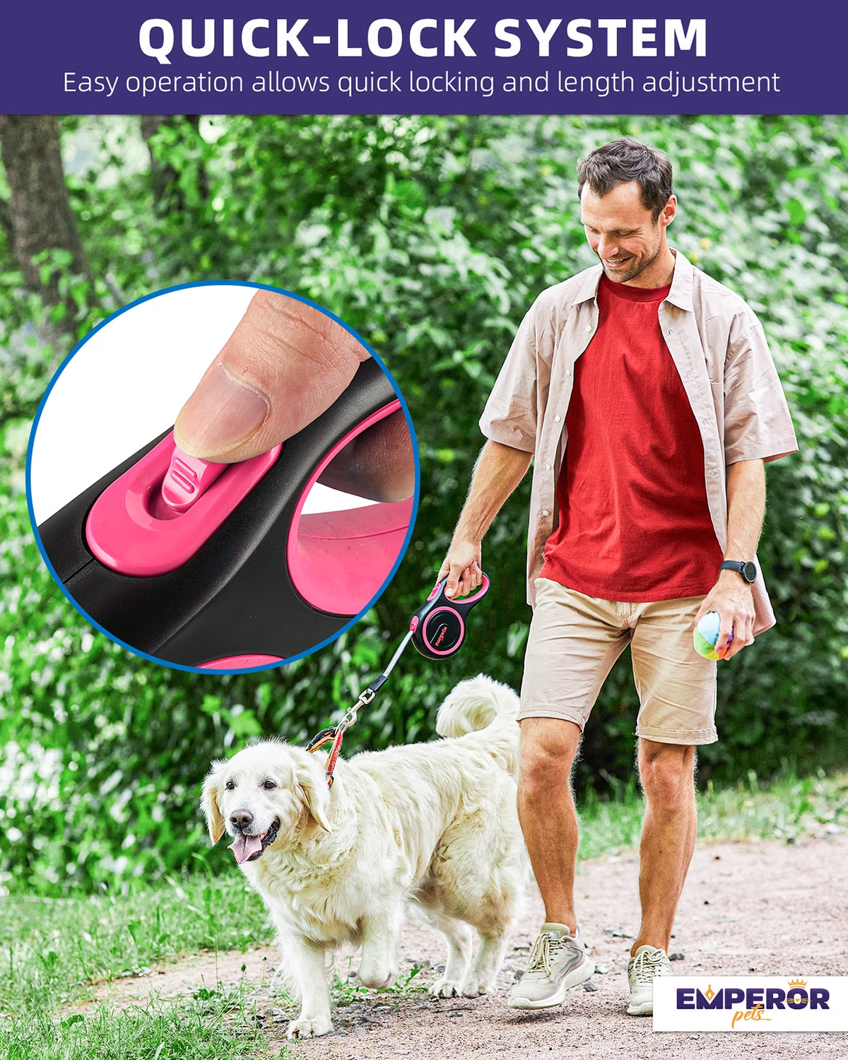 26 Ft Retractable Dog Leash for Large Dogs, up to 110 Lbs, Heavy Duty, Pink - PK26