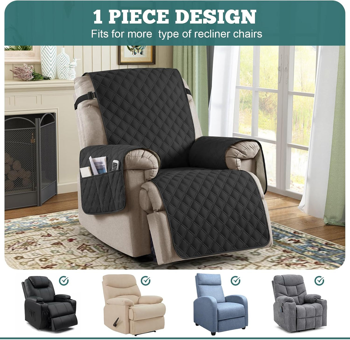 100% Waterproof Recliner Chair Covers, Non-Slip Reclining Covers for Recliner Chair Washable Chair Cover, Recliner Covers with Pockets for Kids, Dogs, Pets (Black, 28'')