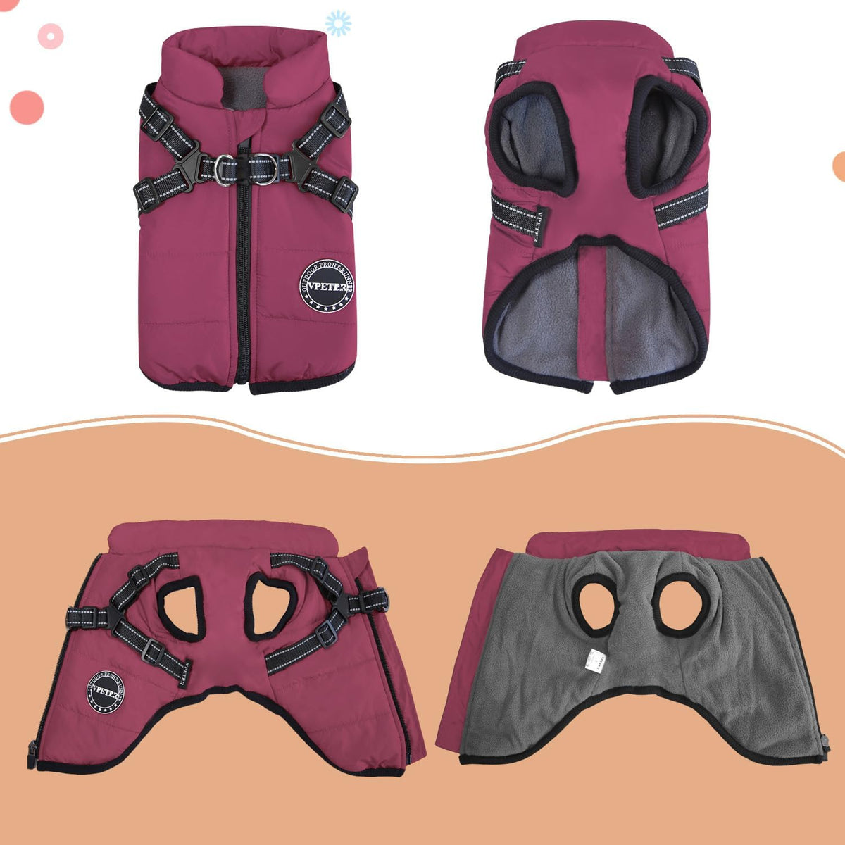Dog Winter Coat,Warm Jacket Paded Fleece Pet Vest with Built in Harness,Windproof Reflective Cozy Adjustable Snow Pet Coat Clothes with Zipper for Small Medium Large Dogs
