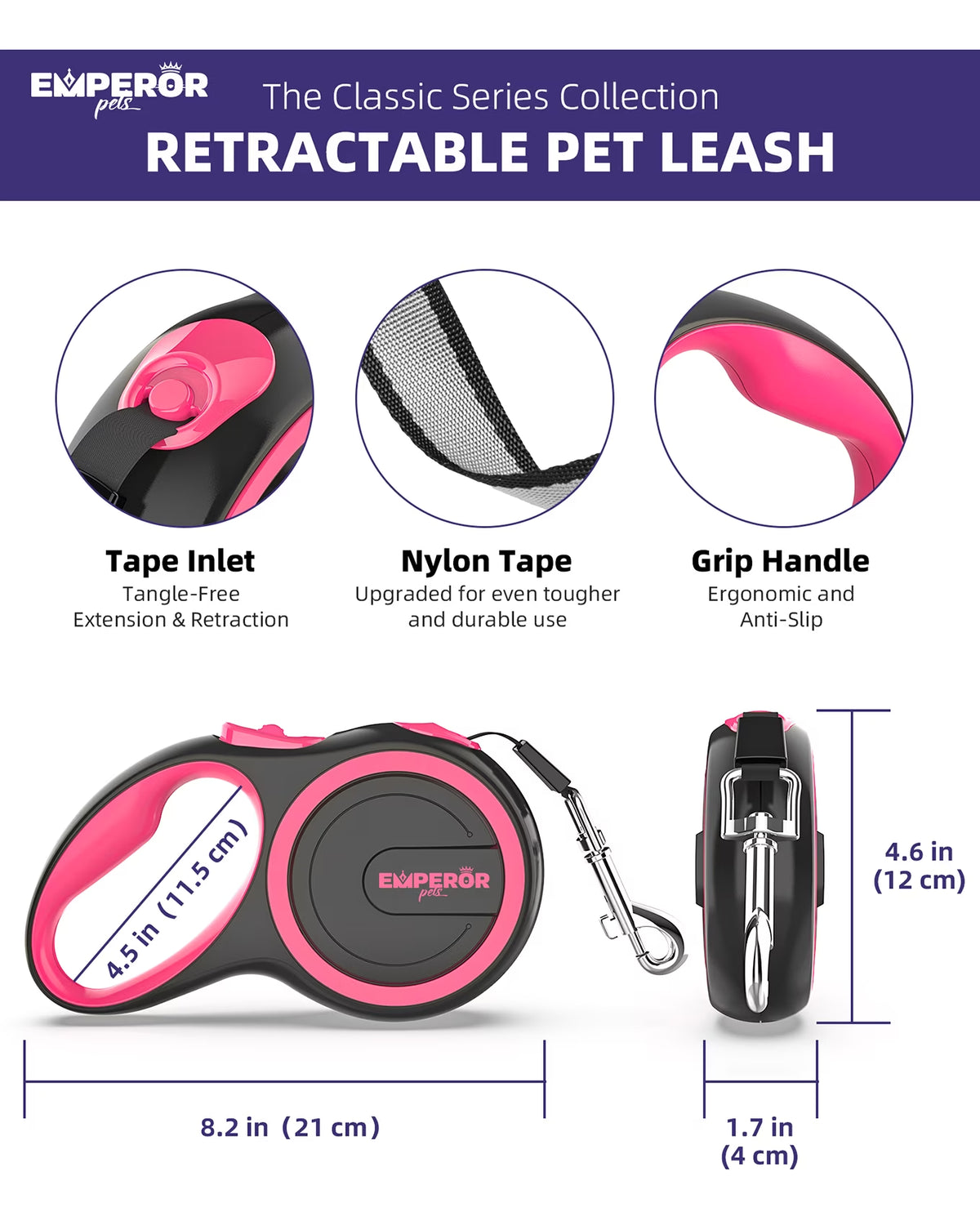 26 Ft Retractable Dog Leash for Large Dogs, up to 110 Lbs, Heavy Duty, Pink - PK26