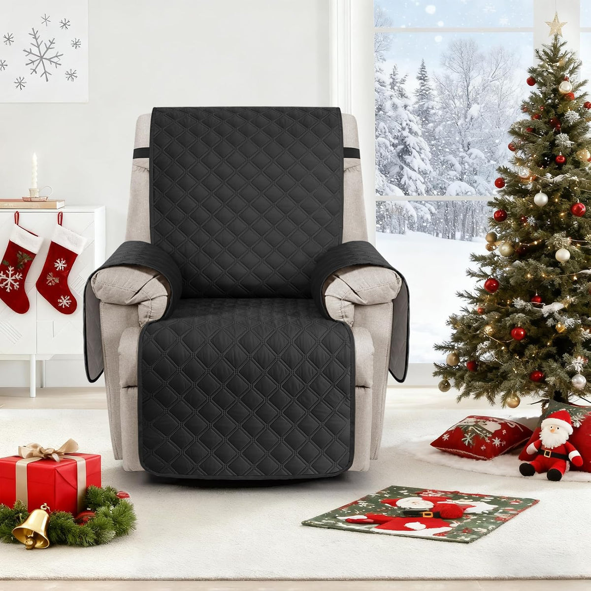 100% Waterproof Recliner Chair Covers, Non-Slip Reclining Covers for Recliner Chair Washable Chair Cover, Recliner Covers with Pockets for Kids, Dogs, Pets (Black, 28'')