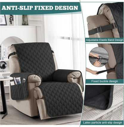 100% Waterproof Recliner Chair Covers, Non-Slip Reclining Covers for Recliner Chair Washable Chair Cover, Recliner Covers with Pockets for Kids, Dogs, Pets (Black, 28'')