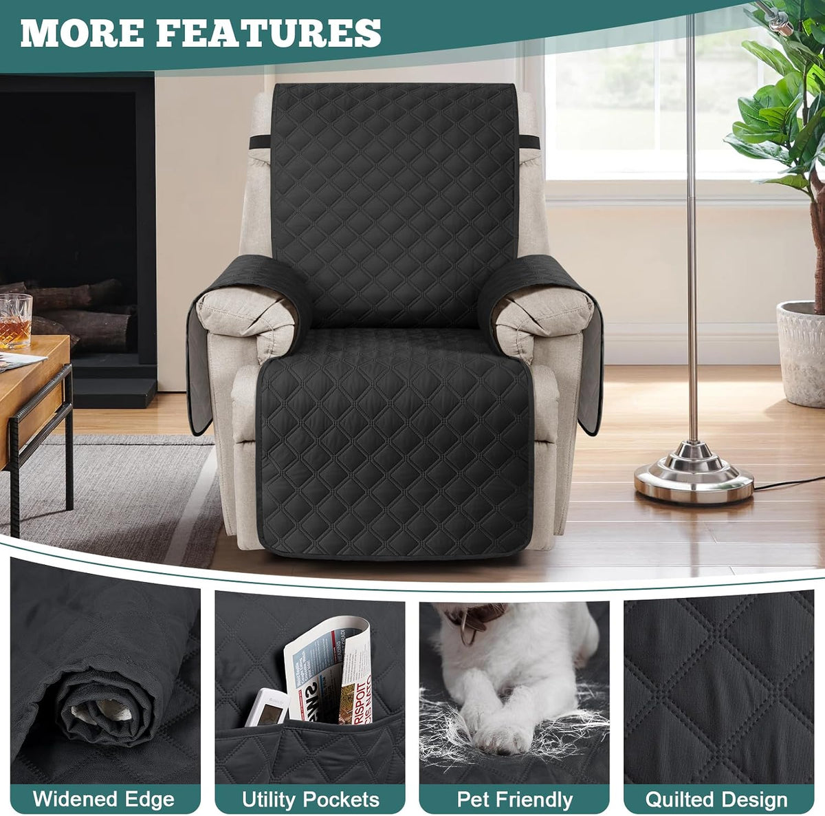 100% Waterproof Recliner Chair Covers, Non-Slip Reclining Covers for Recliner Chair Washable Chair Cover, Recliner Covers with Pockets for Kids, Dogs, Pets (Black, 28'')